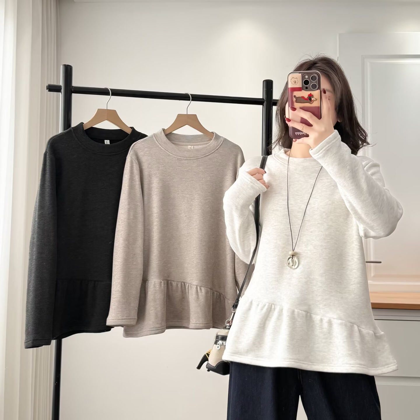 大码女装遮肚子秋冬韩系纯色加绒荷叶边卫衣洋气减龄百搭显瘦上衣,女装/女士精品,大码内搭,淘宝优惠券,粉丝福利购,淘宝优惠卷