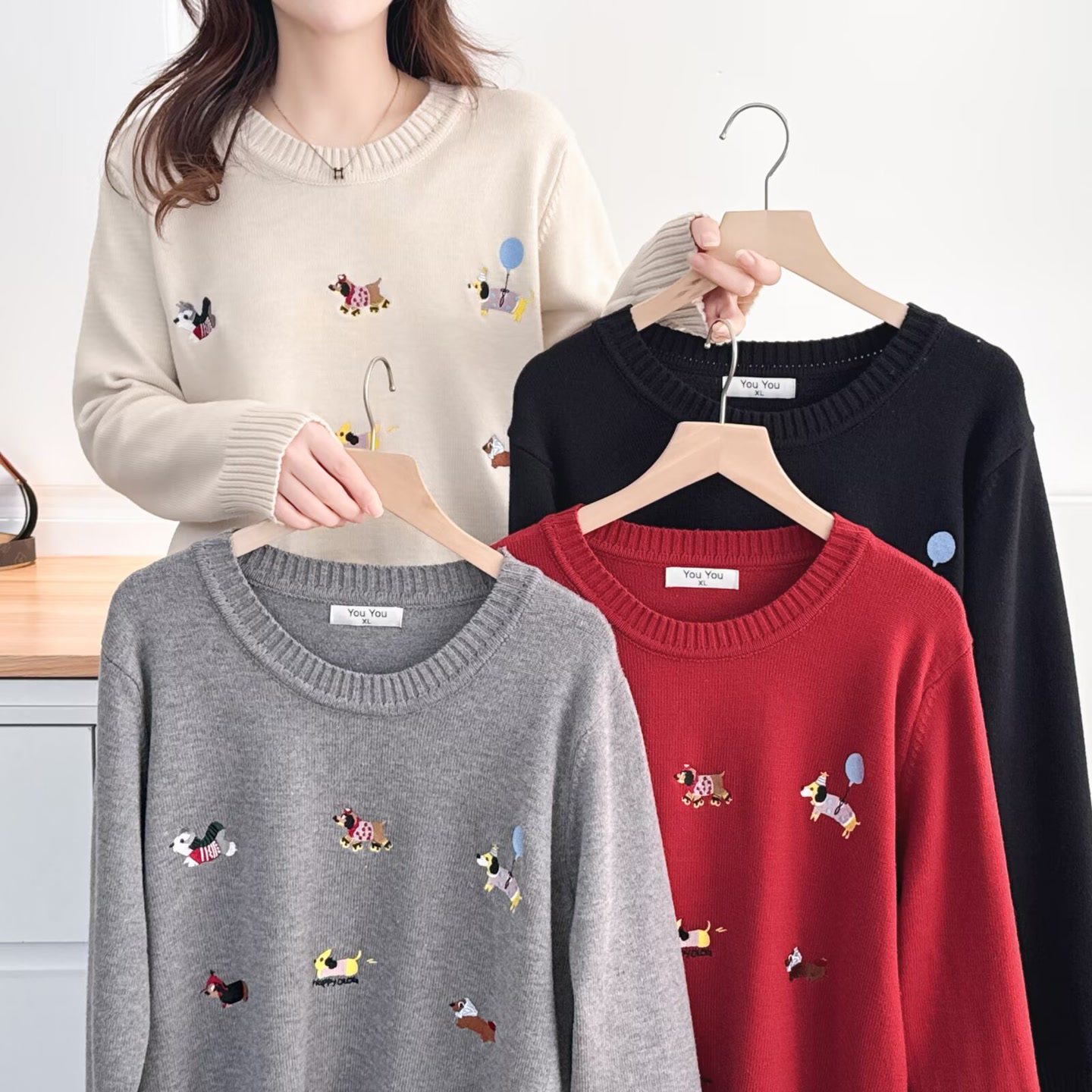 大码女装遮肚子秋冬刺绣小狗针织衫毛衣宽松设计感休闲上衣5050,女装/女士精品,大码内搭,淘宝优惠券,粉丝福利购,淘宝优惠卷