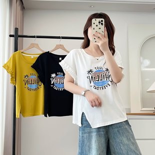 印花短袖 大橘子大码 时尚 夏季 t恤木耳花边开叉圆领正肩上衣155 新款