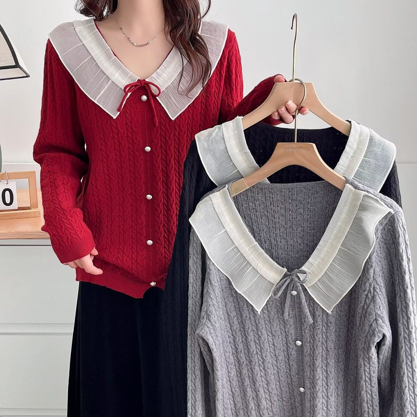 大码女装遮肚子秋冬韩版时尚针织衫设计感花边领系带麻花毛衣128,女装/女士精品,大码内搭,淘宝优惠券,粉丝福利购,淘宝优惠卷