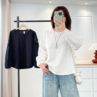 新款 T恤秋季 宽松藏肉上衣2561 胖mm洋气显瘦镂空蕾丝拼接长袖 大码