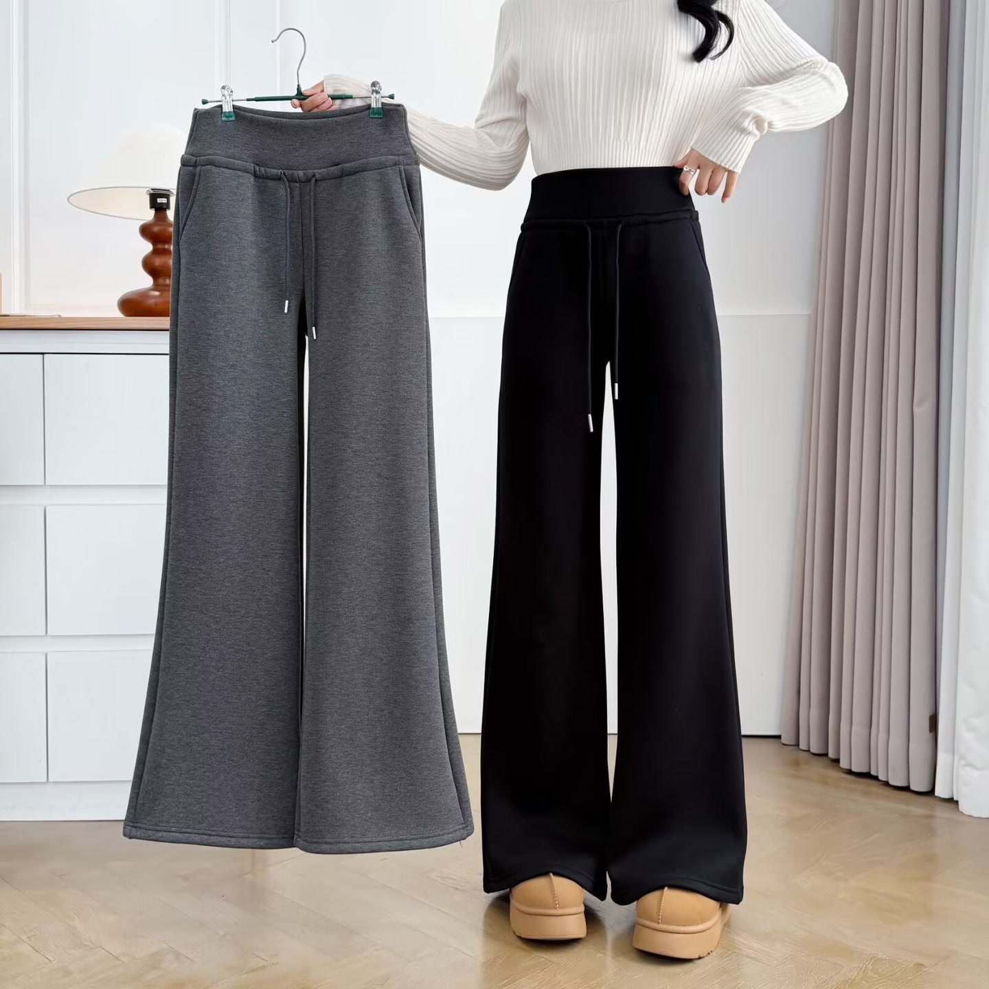 大码女装显腿长秋冬新款高腰抽绳休闲裤女加绒美式直筒微喇裤9908