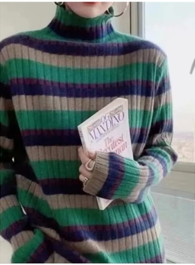 大码女装遮肚子冬季针织衫撞色条纹半高领加厚毛衣上衣女25170