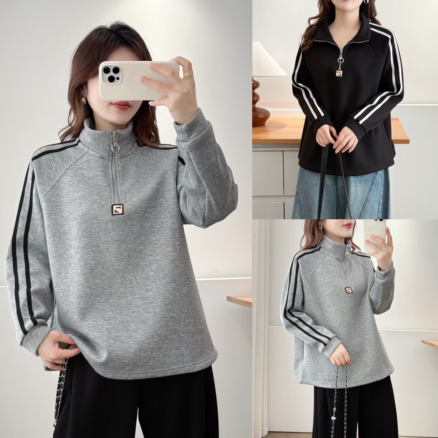 宽松百搭立领拉链加绒正肩卫衣
