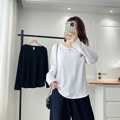 简约纯色鱼骨线遮肚子长袖t恤女