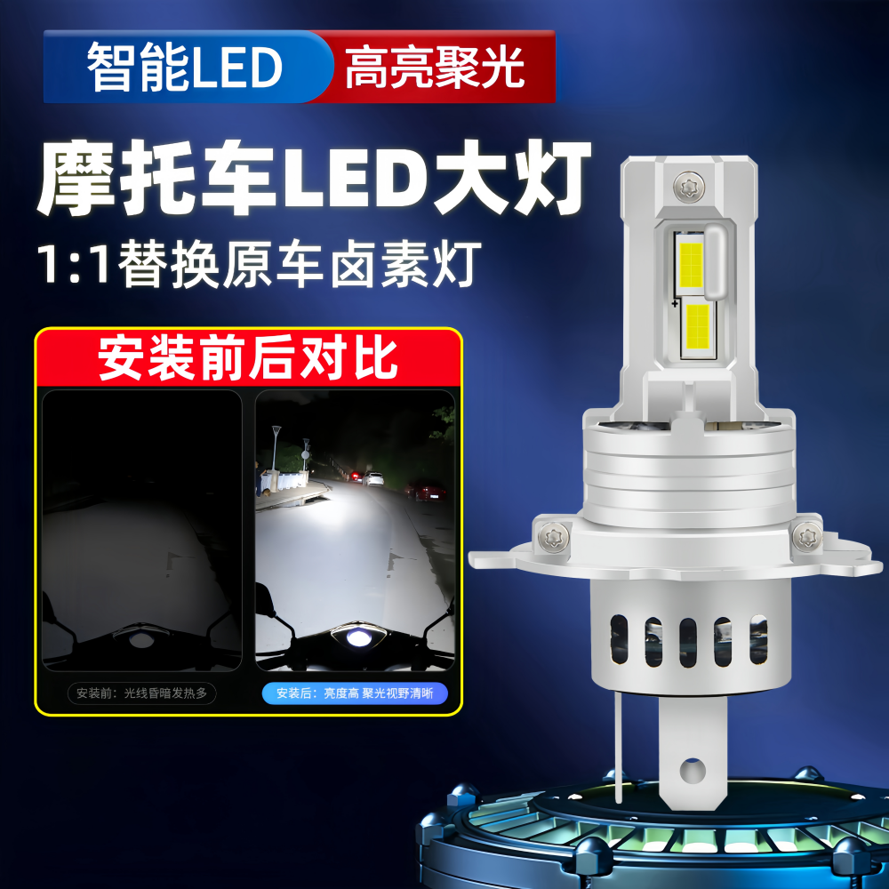 摩托车超亮LED大灯H4三爪灯泡