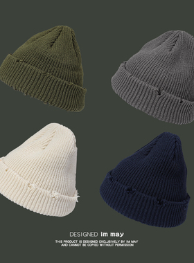 韩国破洞针织帽子男秋冬潮流瓜皮帽男雅痞帽冷帽潮牌嘻哈毛线帽女