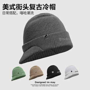 正反戴滑雪帽子男女2025秋冬季毛线帽鸭舌帽针织帽美式复古冷帽潮