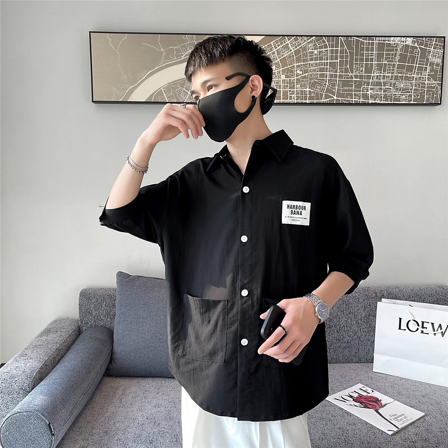 夏季港风宽松休闲衬衫男七分袖背面烫钻小熊A328-21305-P55控70图片