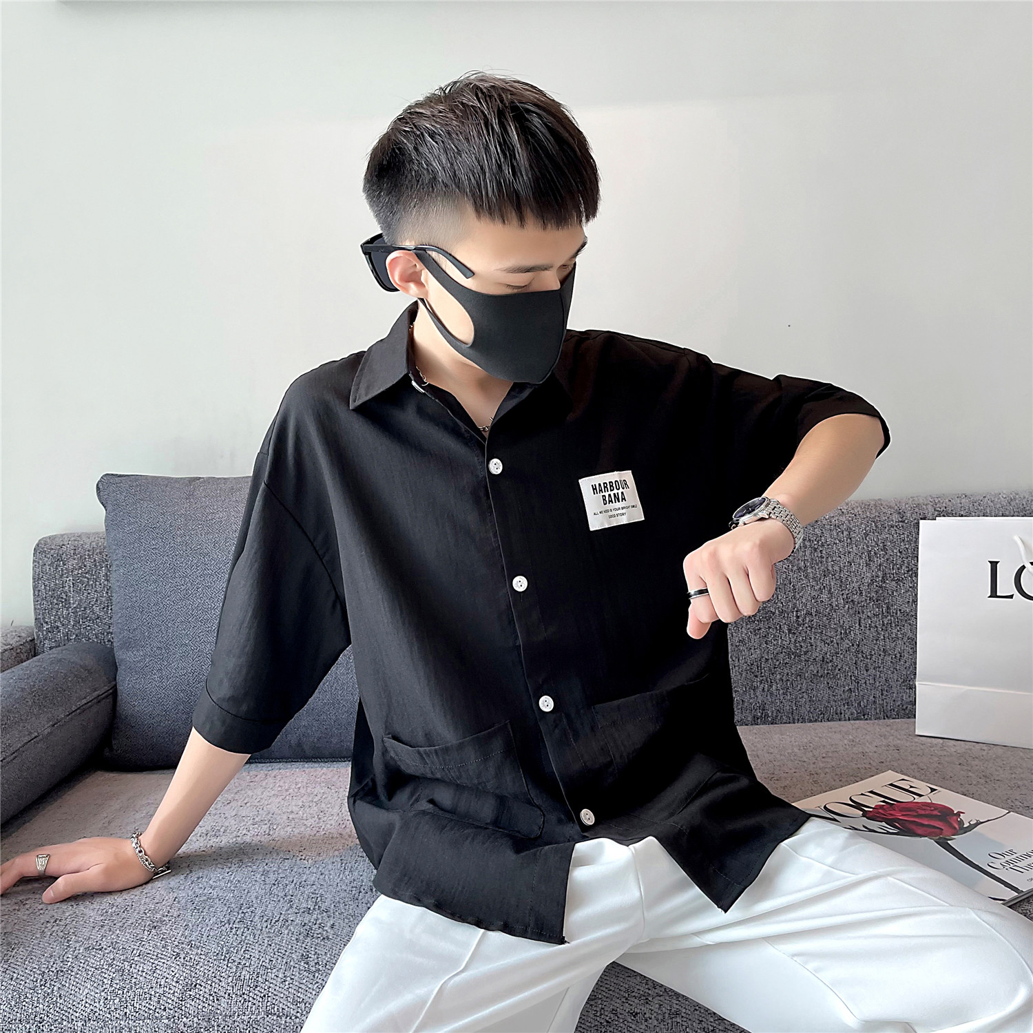 夏季港风日系宽松半袖衬衫短袖痞帅慵懒外套A328-21305-P55控75,男装衬衫,星座406