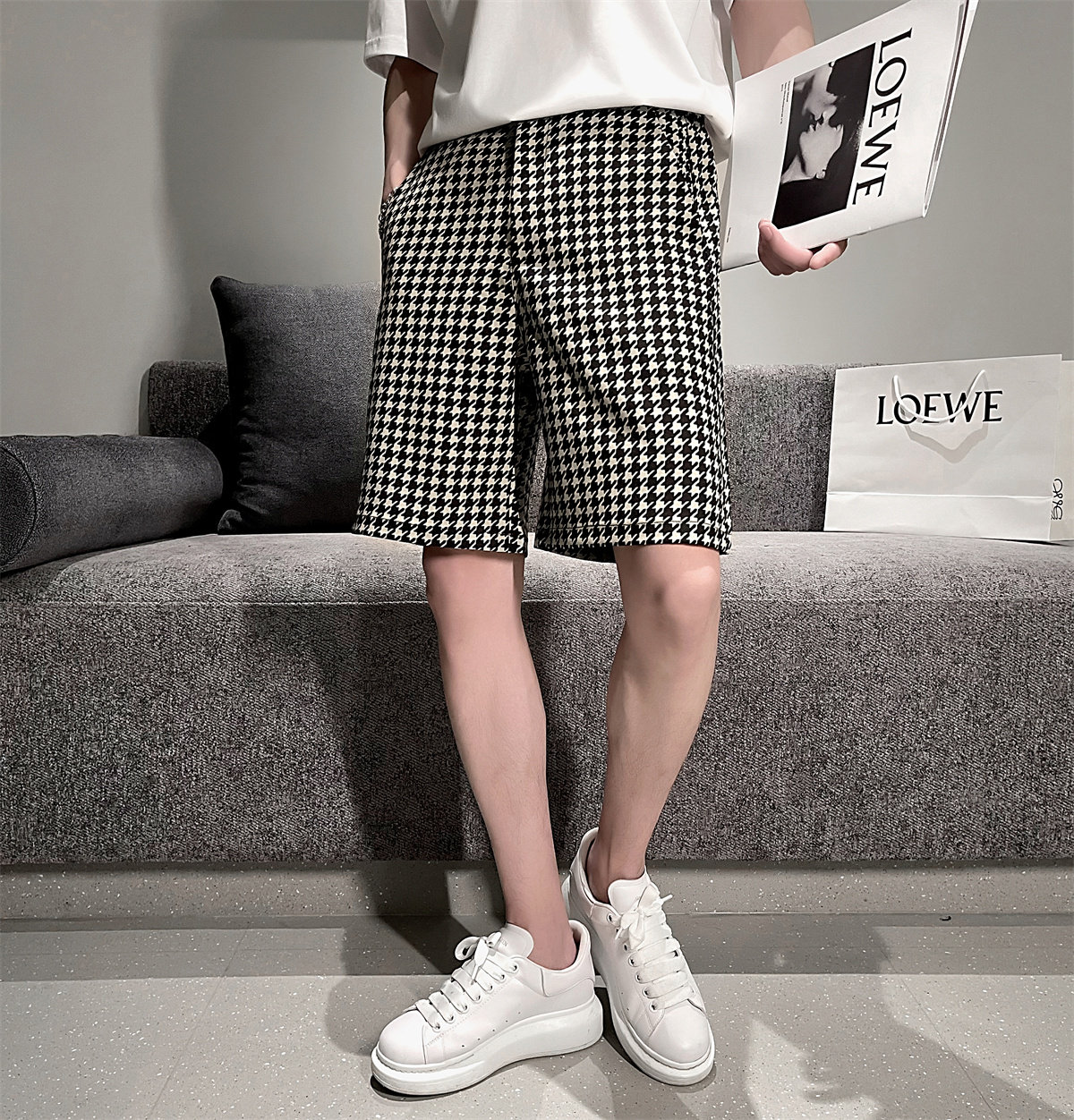 夏季宽松黑白格纹短裤男韩版轻熟百搭休闲裤A328-21099-P45控65,男装休闲裤,星座406