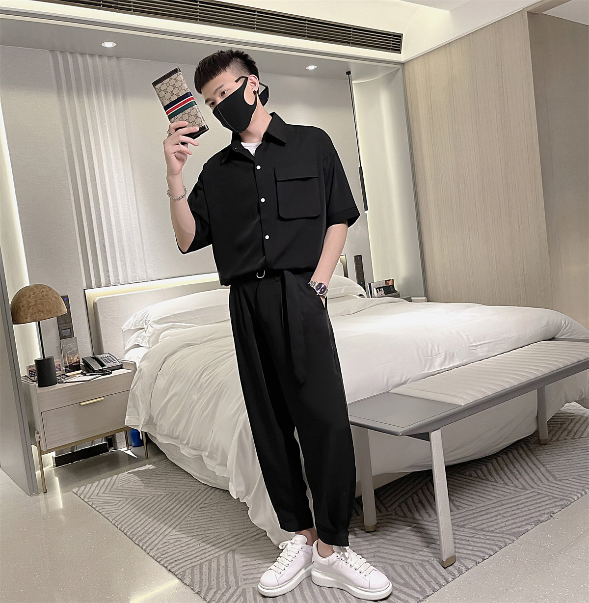 夏季轻熟风条纹短袖半袖衬衫男+休闲裤套装A328-21308--P115控155,男装休闲套装,星座406