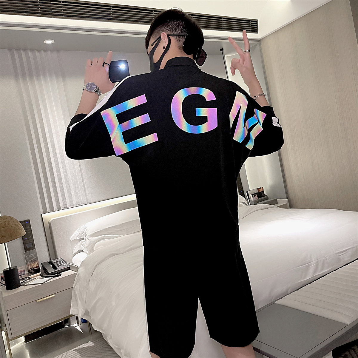 EGM半袖拉链T恤+短裤时尚套装休闲套装男A328-2072-P95控135,男装休闲套装,星座406