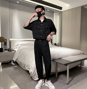 夏季轻熟风条纹短袖半袖衬衫男+休闲裤套装A328-21308-P115控155图片