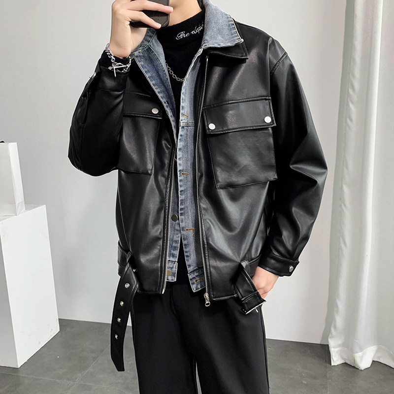 秋冬新款牛仔边假两件皮衣外套男宽松休闲A328-21772-P180控245,男装皮衣,星座406
