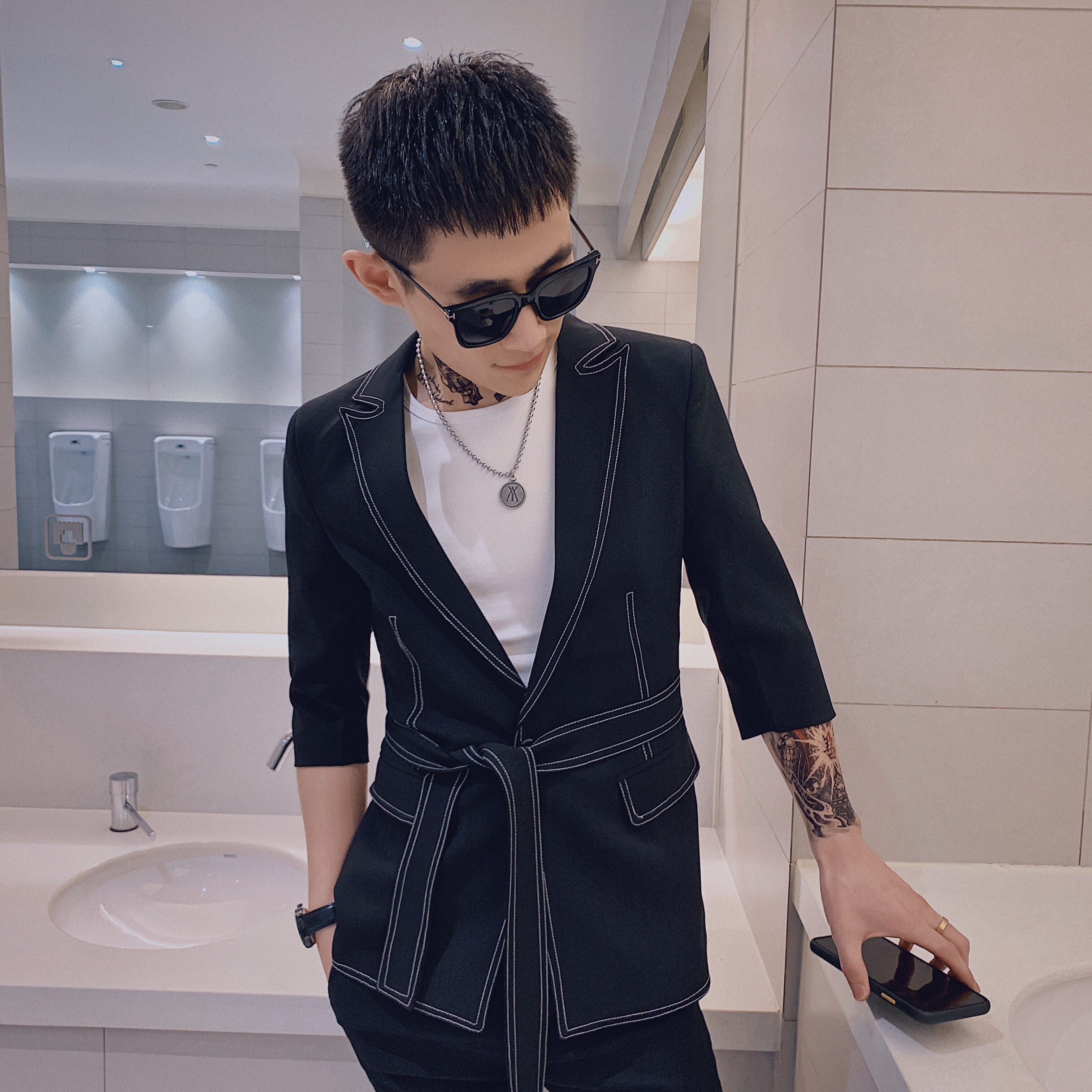 中袖西装织带社会小伙短袖西服西裤套装A328-2050-P145,男装西服套装,星座406