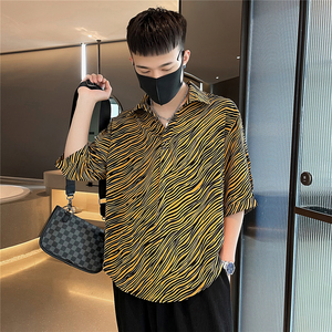 夏季新款印染花衬衫男长袖衬衣豹纹宽松A328-21301-P50控70图片