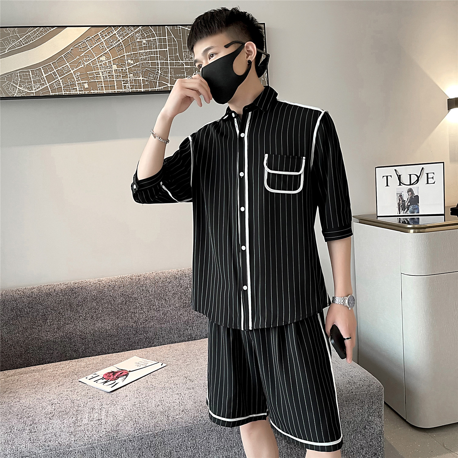 韩版休闲夏季新款条纹中袖衬衫+短款套装男A328-21310-p105控145,男装休闲套装,星座406