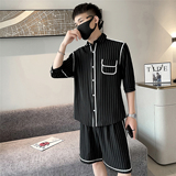 韩版休闲夏季新款条纹中袖衬衫+短款套装男A328-21310-p105控145，男装休闲套装，星座406