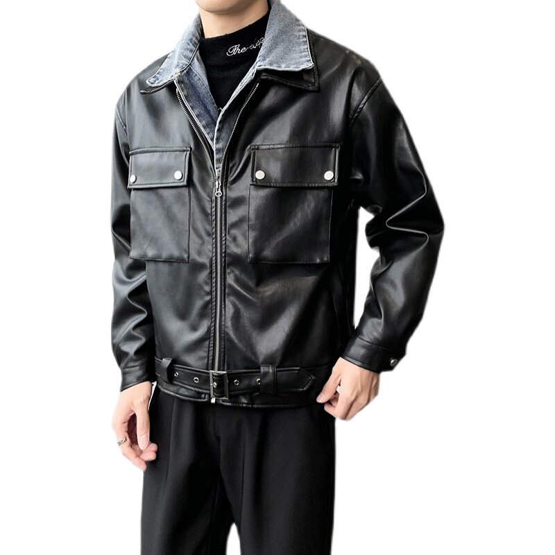 秋冬新款牛仔边假两件皮衣外套男宽松休闲A328-21772-P180控245,男装皮衣,星座406