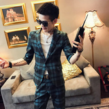 夏季新款社会小伙大格子短袖西服西裤西装套装A328-1922-P135，男装西服套装，星座406