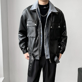 秋冬新款牛仔边假两件皮衣外套男宽松休闲A328-21772-P180控245，男装皮衣，星座406