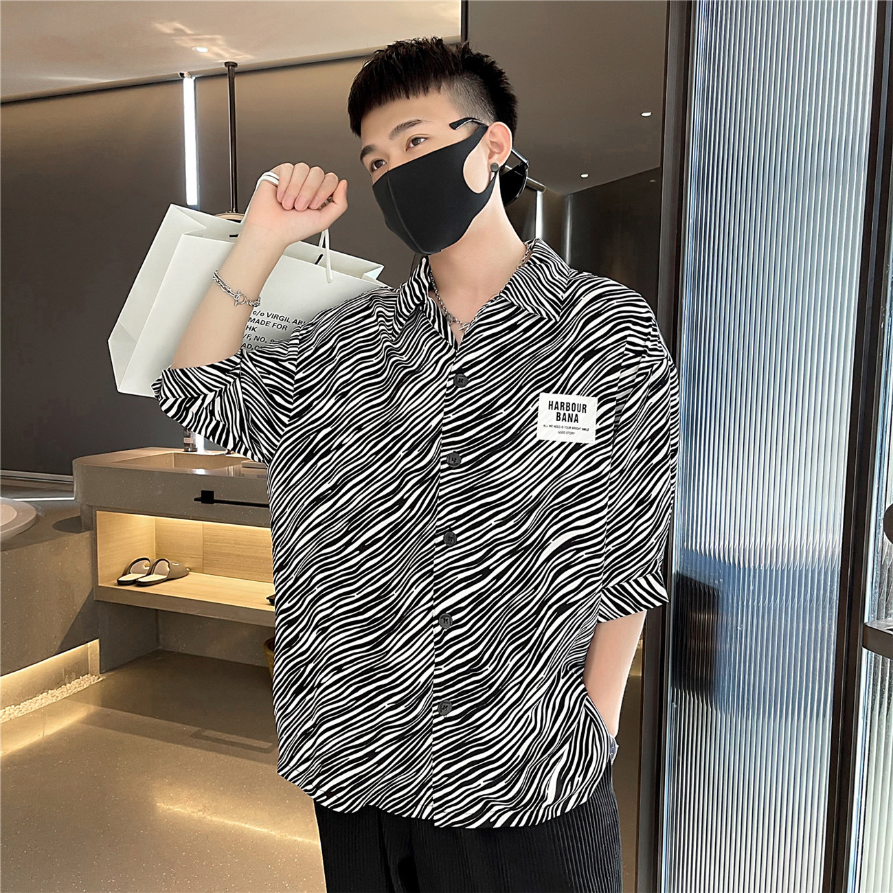夏季新款带标印染花衬衫男长袖衬衣豹纹宽松A328-21302-P50控70图片