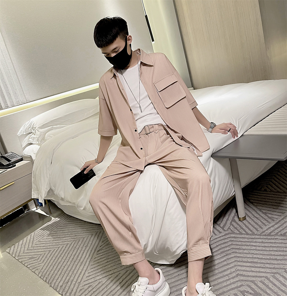 夏季轻熟风条纹短袖半袖衬衫男+休闲裤套装A328-21308--P115控155,男装休闲套装,星座406