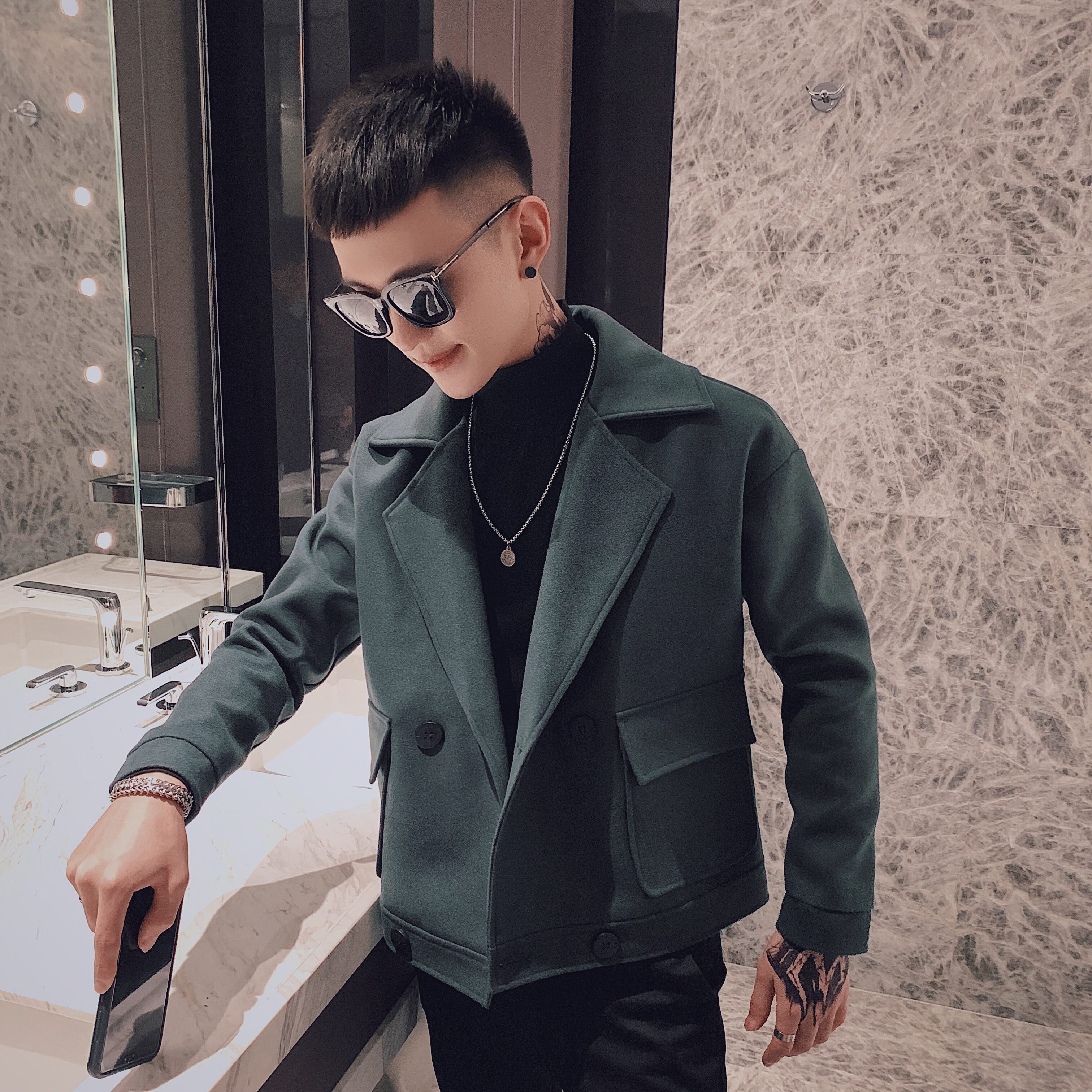 秋冬新款呢料呢子大衣宽松短款外套A328-1982-P105，男装毛呢大衣，星座406