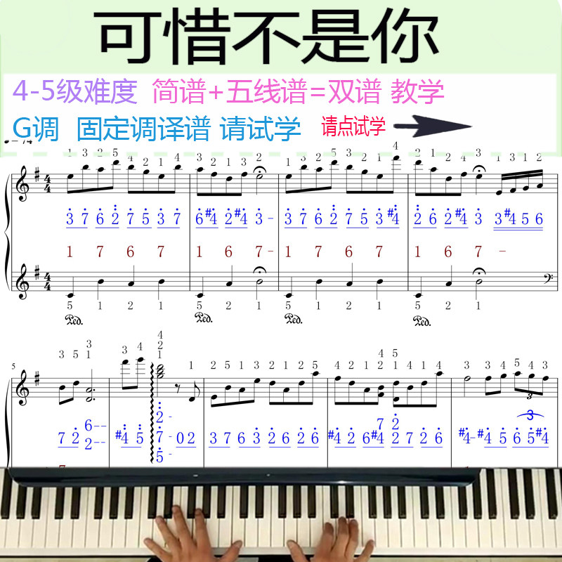 可惜不是你梁静茹版钢琴教学视频教程自学G调固定调双谱五级难度