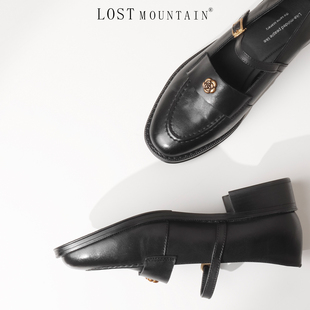 孤山定制水洗牛皮圆头粗跟单鞋2025新款浅口玛丽珍女鞋大码小皮鞋