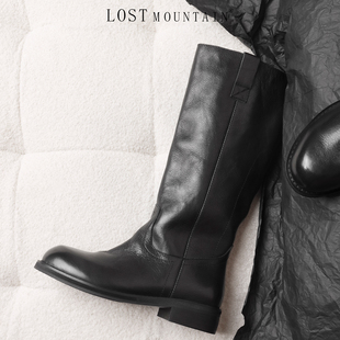 孤山定制2024新款圆头平底骑士靴真皮高筒靴女秋冬大码粗跟瘦瘦靴