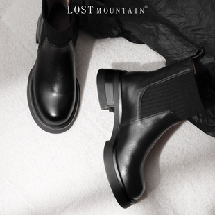 孤山定制厚底增高短靴手抓羊皮瘦瘦靴女2024新款大码针织弹力袜靴