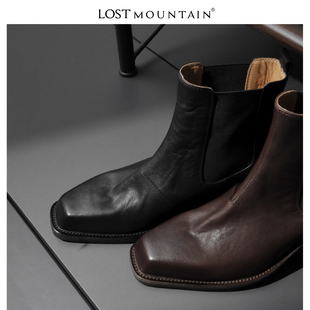 孤山定制方头粗跟短靴复古烟筒靴女2024新款水洗牛皮切尔西靴大码