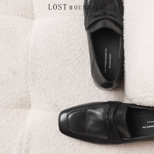 孤山定制水洗牛皮一脚蹬乐福鞋黑色方头小皮鞋女2025新款大码单鞋