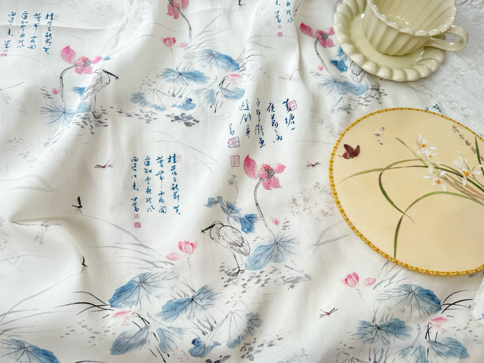 一米价40支100纯天丝紧密赛络纺新中式荷花旗袍挂脖夏季布料