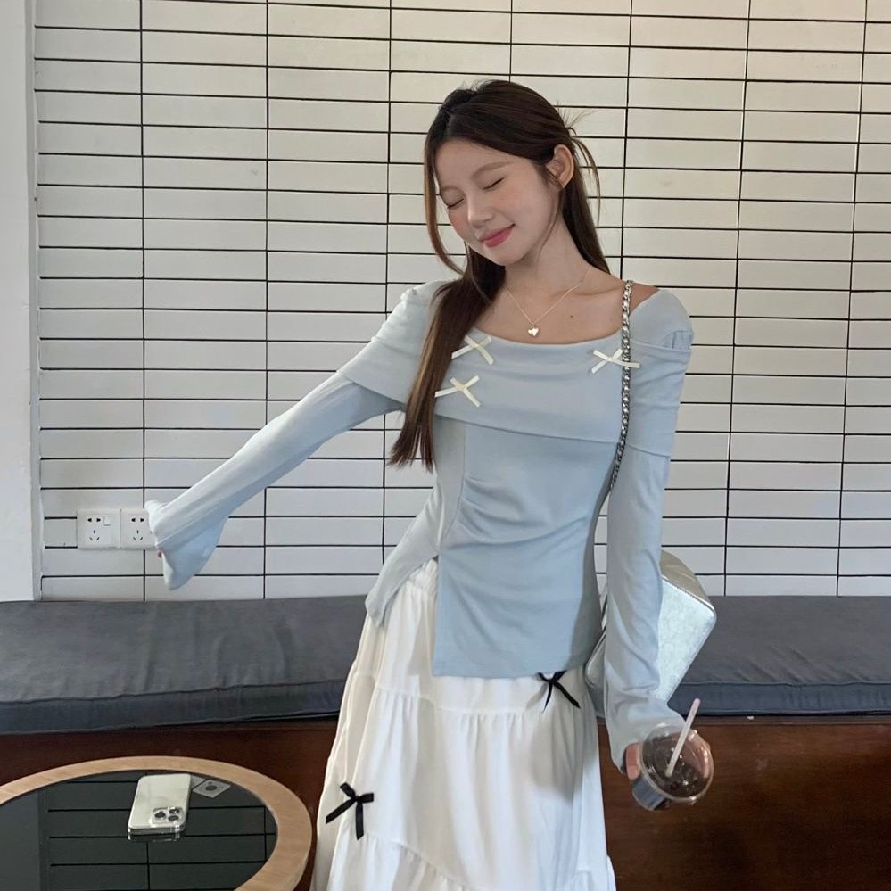 法式蓝色长袖连衣裙子女早秋季2其它制服/套装