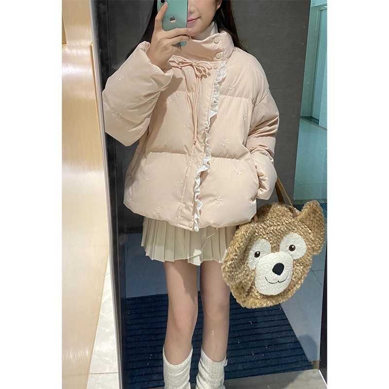 学院风蕾丝拼接软糯棉服外套女冬棉衣/棉服