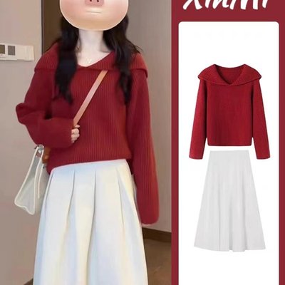 红色毛衣连衣裙子女2025新款巨好看小个子早秋季韩系穿搭一整套装