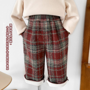 2025冬季新款童裤儿童圣诞红色格子直筒裤男童加绒加厚长裤