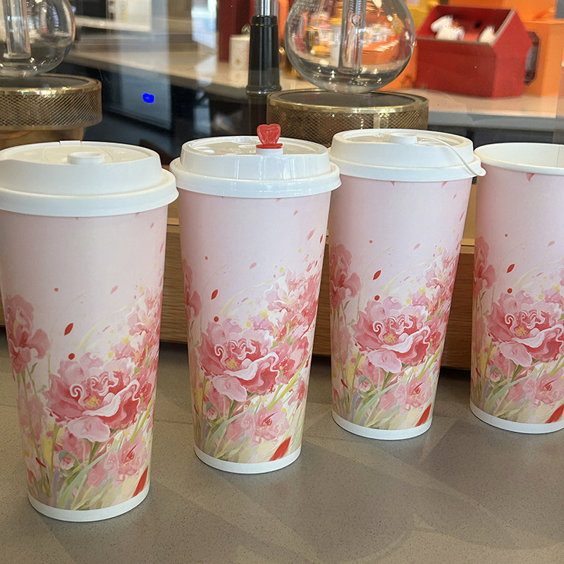 新款超大杯加厚粉玫瑰水彩纸杯一次性奶茶杯子带盖冷热通用定制,餐饮具,纸杯,淘宝优惠券,粉丝福利购,淘宝优惠卷