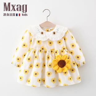 MXAG小女宝宝裙子长袖春秋季0-1-2岁3-4女童连衣裙碎花公主裙纱婴
