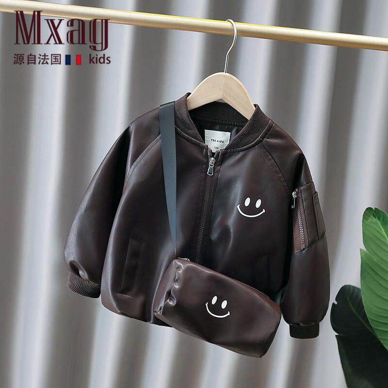 MXAG男童皮衣棒球服2026新款儿童休闲小揹包皮夹克PU皮夹子男孩皮