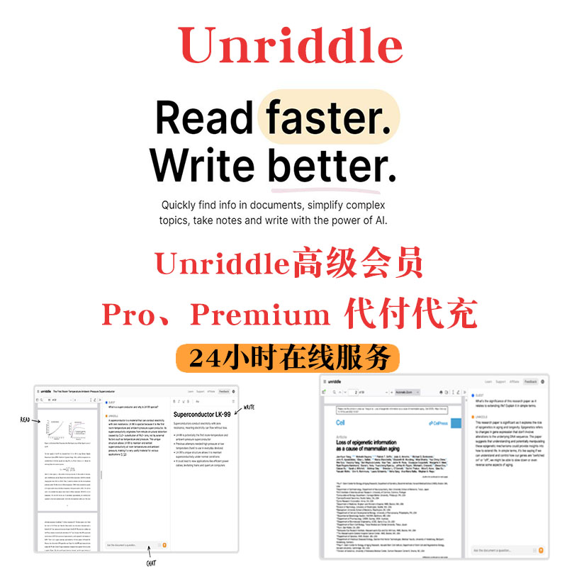 Unriddle.ai高级订阅会员PRO Premium代付代开 开自己的号稳定安 购物提货券 礼品卡 原图主图