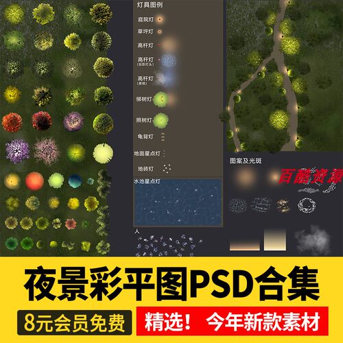 园林景观彩平图夜景彩平亮化照明分析图灯光植物PS素材psd图例