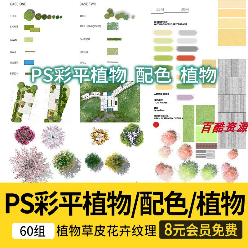 PS园林景观彩色平面图植物树分层草皮花卉纹理配色PSD彩平图素材