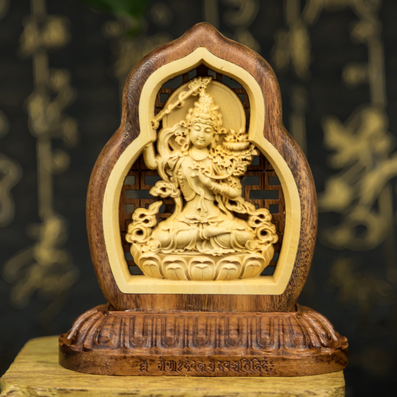 汽车佛摆件车载座式车内保平安装饰品文殊菩萨佛像汽车木雕摆件