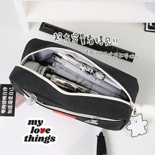 甜酷女孩的黑色笔袋大容量帆布文具袋2022分隔耐脏多层新款文具盒