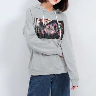 2025年带帽卫衣女长袖春秋不加绒宽松慵懒风套头印花连帽上衣学生