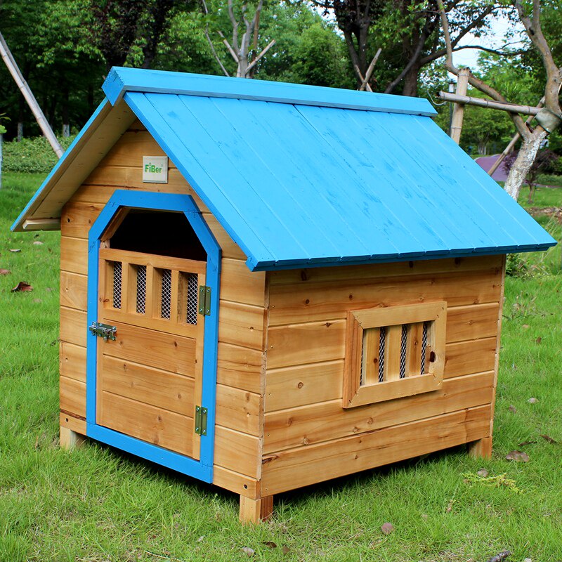 FIBER范博包邮杉木蓝色屋顶室外防雨实木彩色狗屋猫窝宠物别墅